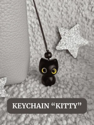 Wooden Black Cat Keychain with Yellow Eyes, Handcrafted Pendant Charm, 3.5cm Height
