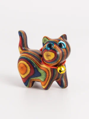 Colorful Rainbow Striped Wooden Cat Figurine with Bell, Handcrafted Decorative Cat Statue with Blue Eyes